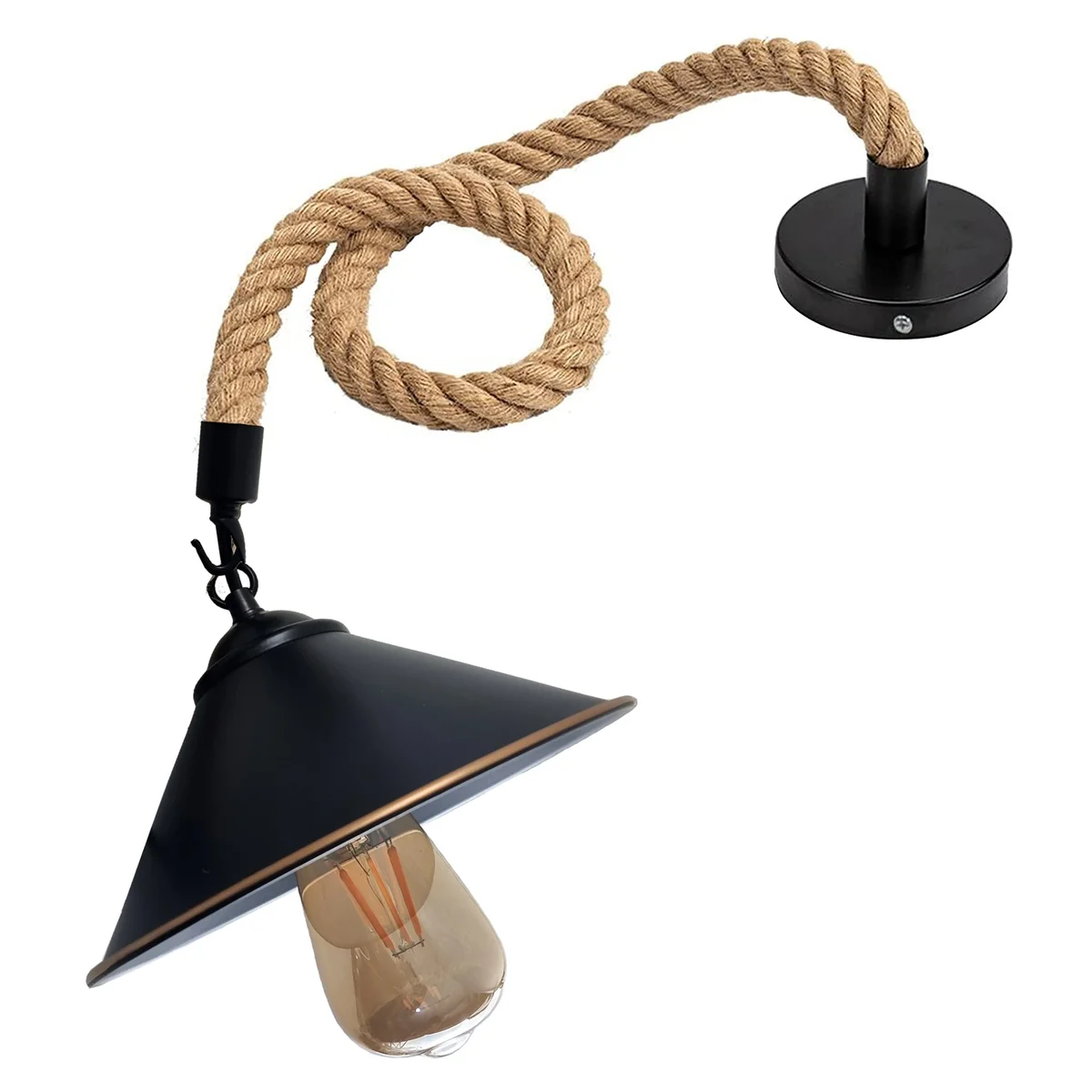 Black hemp cone pendant lamp with single rope, dimmable indoor light, country vintage industrial style.