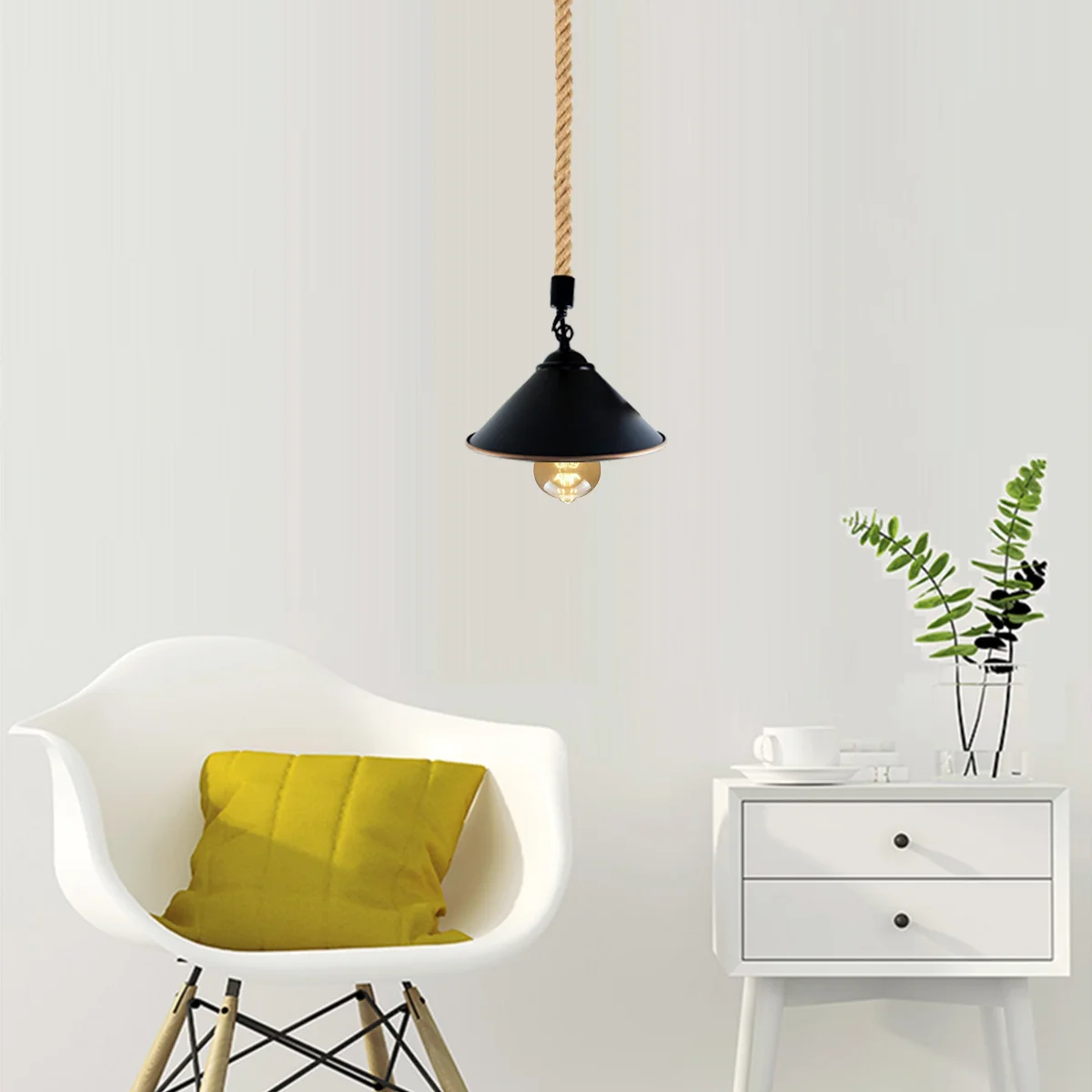 Country style lighting pendant with black metal base and natural hemp cone shade, single rope.