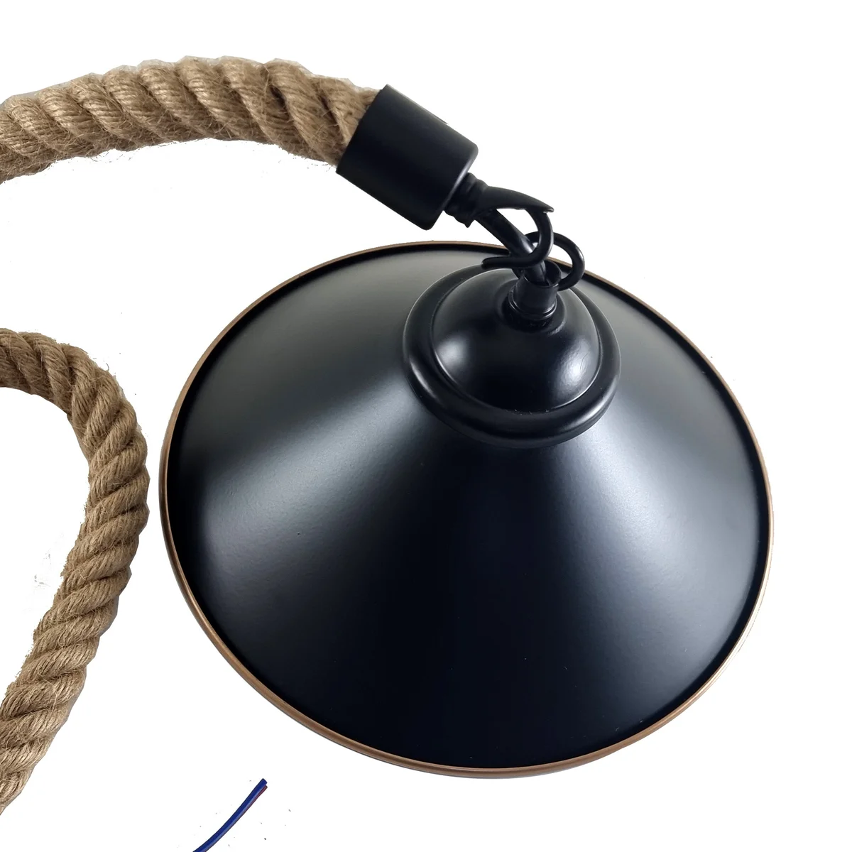 Retro pendant light with a cone hemp rope shade, black rope, metal ring, vintage industrial design.