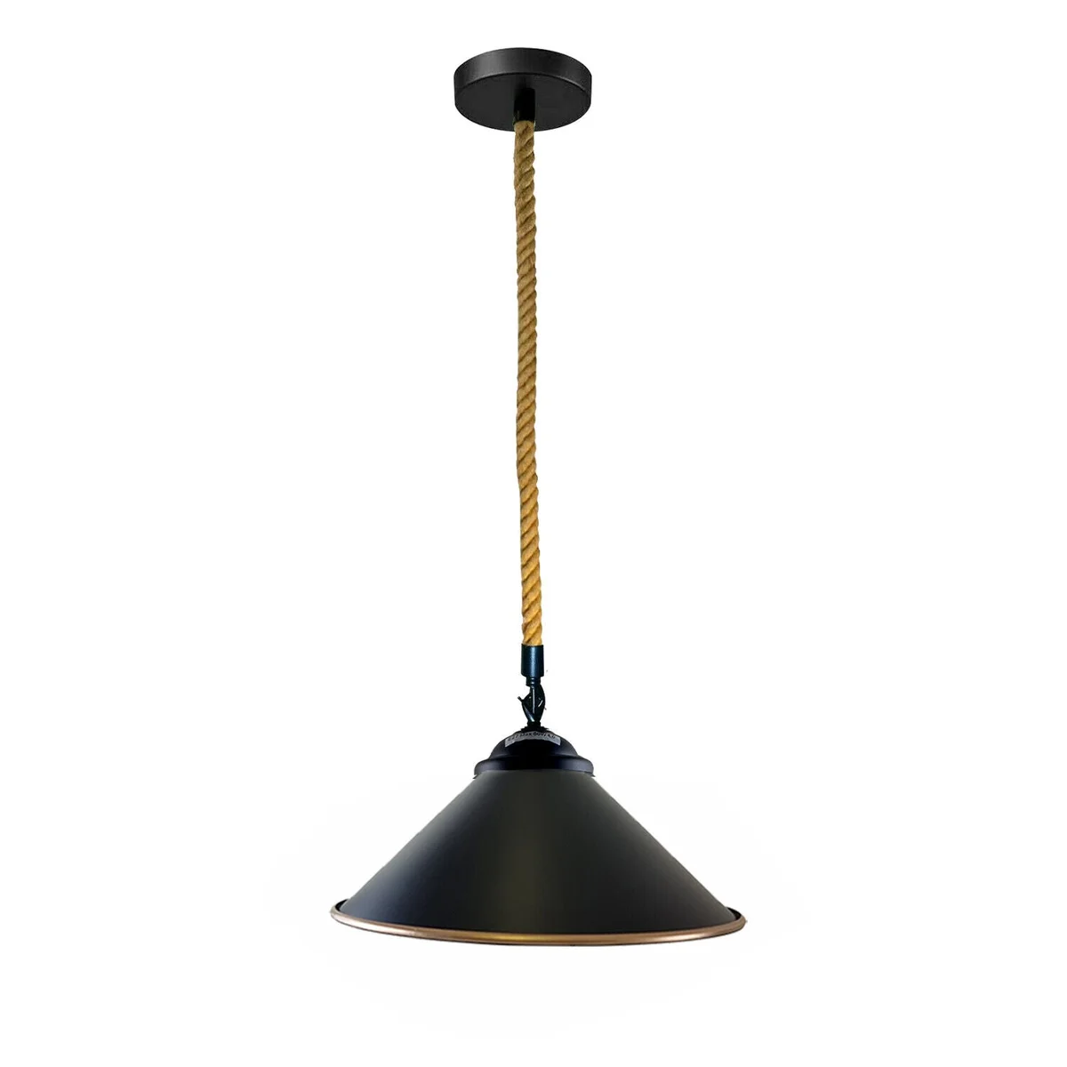 Retro pendant light with cone hemp shade, black metal base, single rope.