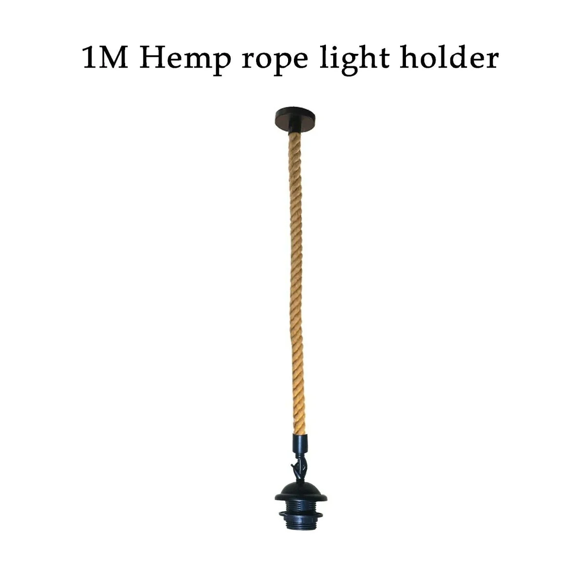 Retro pendant light with cone hemp shade, black vintage metal base, single 1m rope hook, suitable for indoor decor.