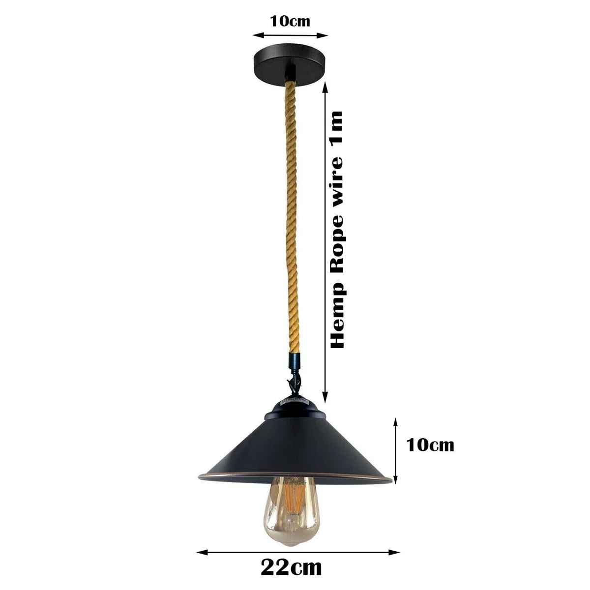 Retro pendant light with black hemp cone shade, metal frame, single rope hanging, suitable for indoor use