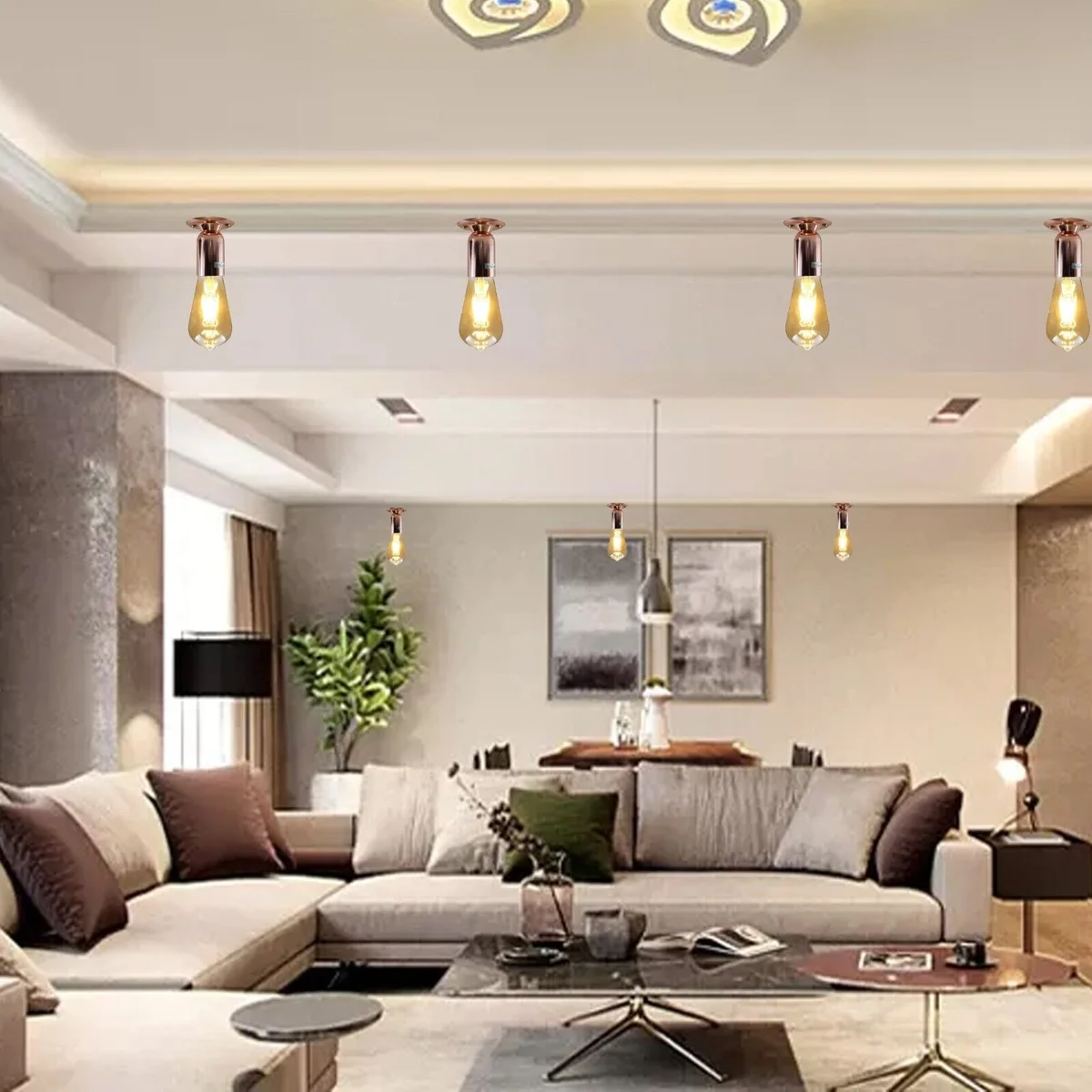 Copper ceiling light with metal base and rounded corners, exposed E27 holder, vintage style, mounted on ceiling.