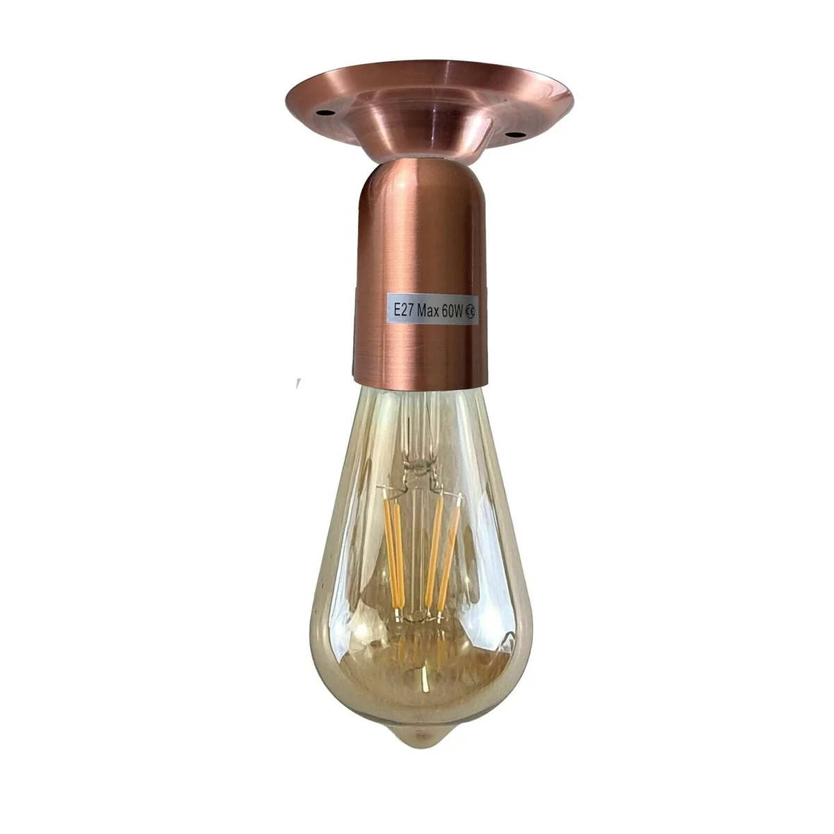Copper finished semi flush mount E27 ceiling light, metal lamp holder, vintage style, 108mm base, indoor hardwired.