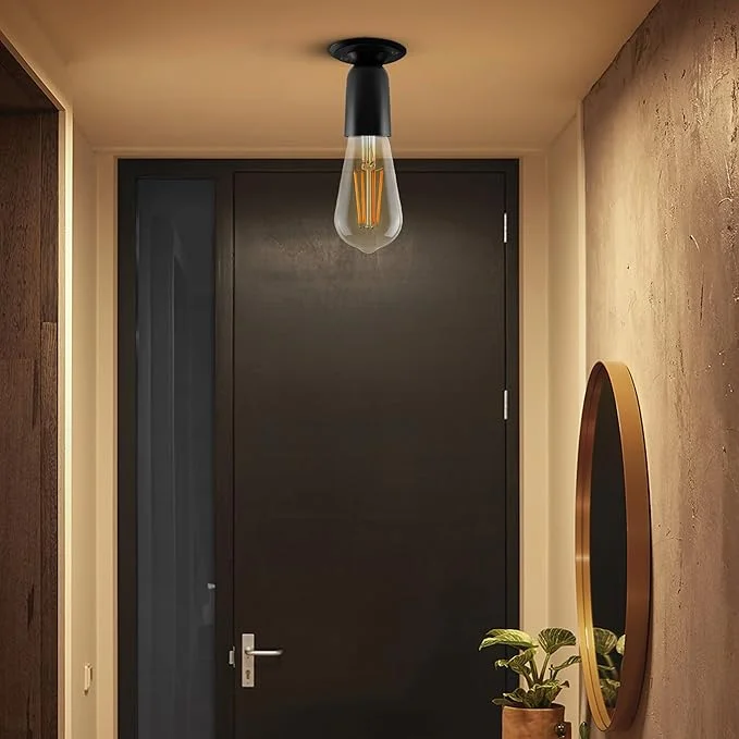 Matt black vintage ceiling light with E27 holder, rectangular metal base, designed for indoor hardwired installation.