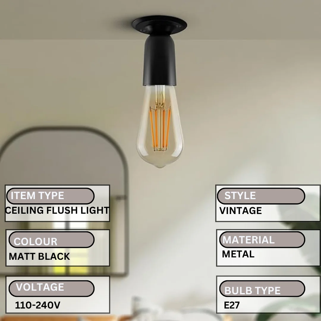 Vintage matt black ceiling light, metal semi‑flush mount with E27 base, 108 mm diameter, sleek dark finish.