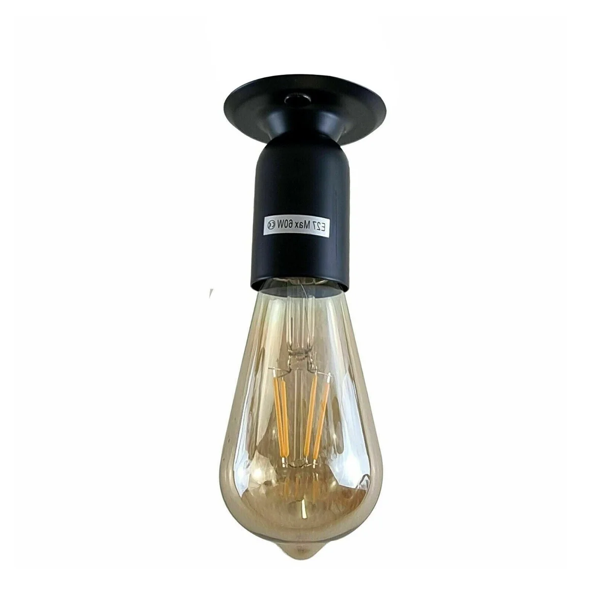 Matt black metal E27 ceiling light holder, semi‑flush mount design for vintage bulbs.