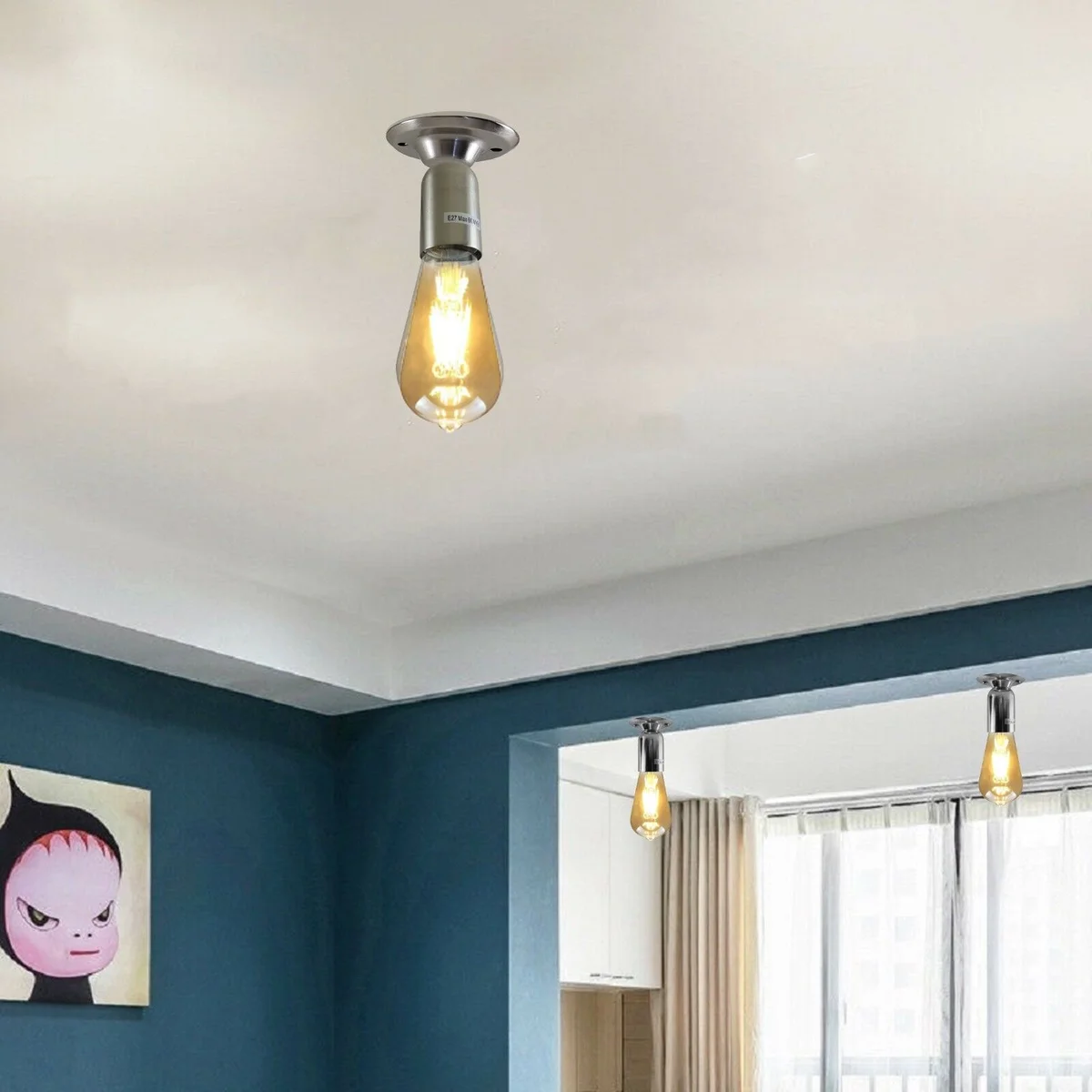 Satin nickel metal holder for E27 light, vintage retro industrial ceiling light base, 108mm diameter.