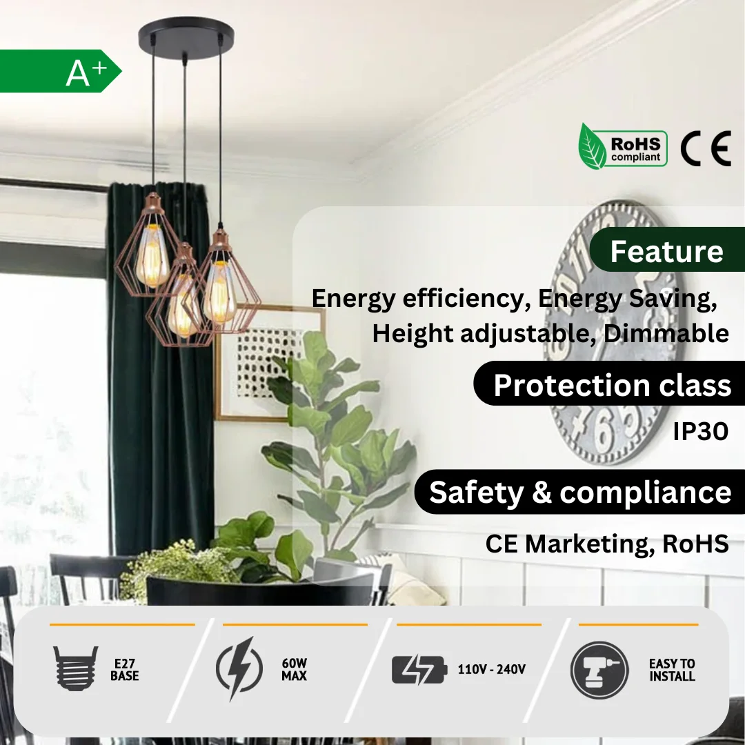 Three‑cage pendant E27 bulb ceiling light in rose gold or black, metal + PVC construction, 95cm cable.