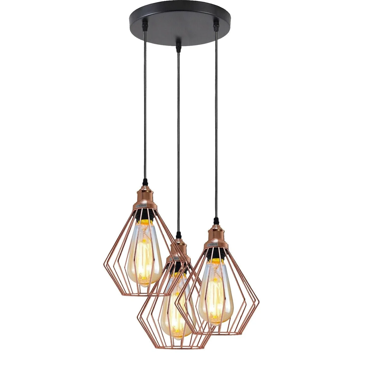 3 light pendant ceiling light in rose gold metal with 95cm PVC cable, LED holders, elegant ceiling fixture
