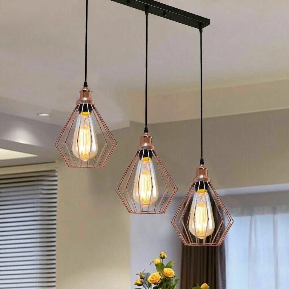 3 light pendant ceiling light with industrial design, metal and PVC cages, rose gold and black finish