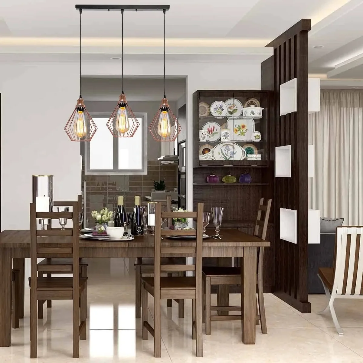 Elegant industrial pendant lighting fixture with three rose gold and black metal light cages, hanging by 95cm PVC wire.