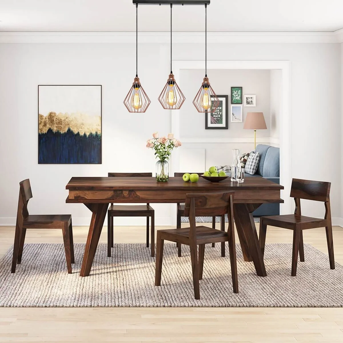 Dimmable ceiling light with three metal cages in rose gold/black, 95 cm PVC cable, fits E27 bulbs.