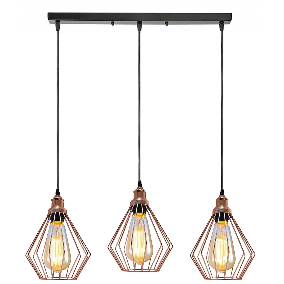 Rose gold pendant lamp with three metal cages hanging from a 95cm cable, showcasing a sleek industrial design