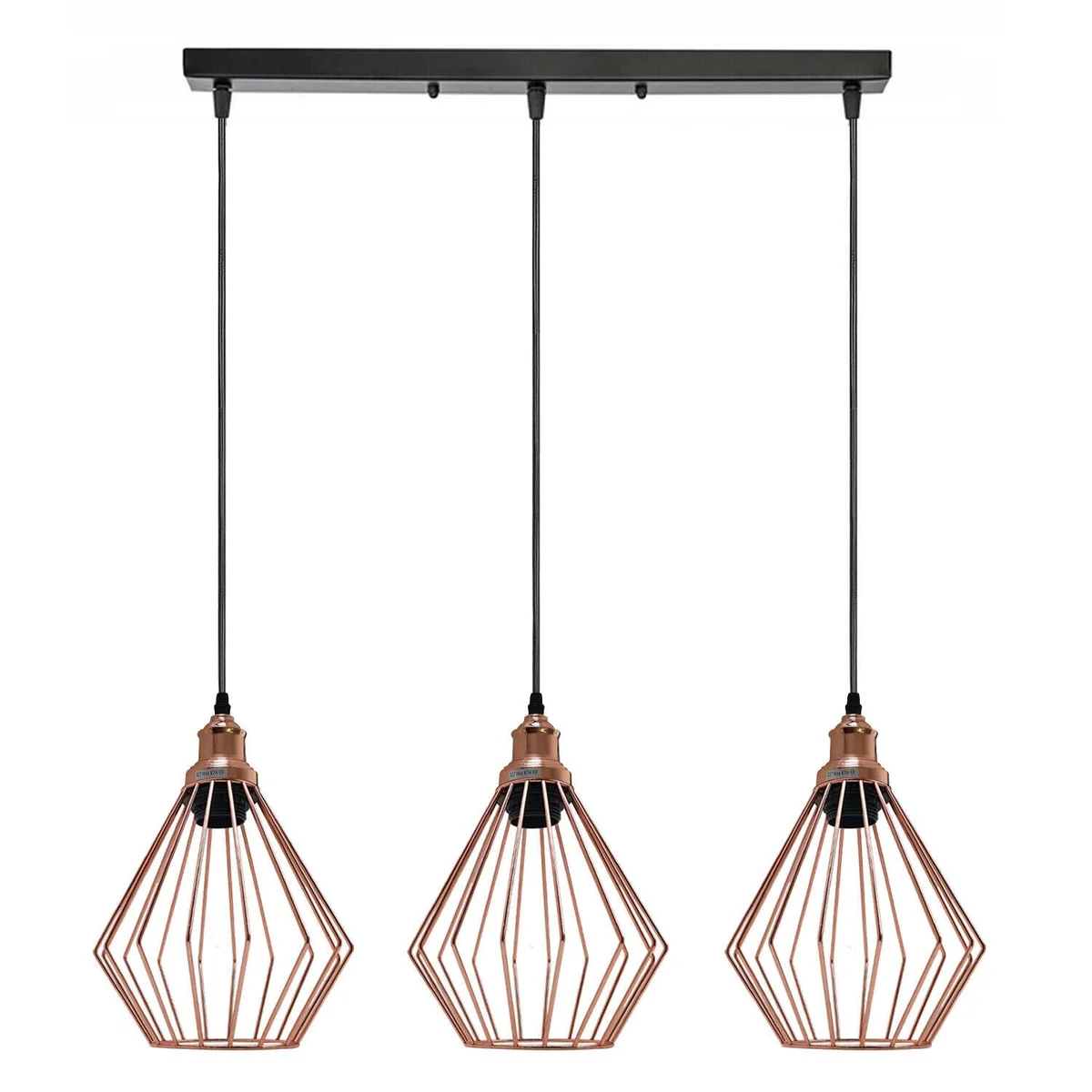E27 bulb pendant light with 3 rose gold metal cages on a 95cm PVC cable, cast in elegant industrial design.