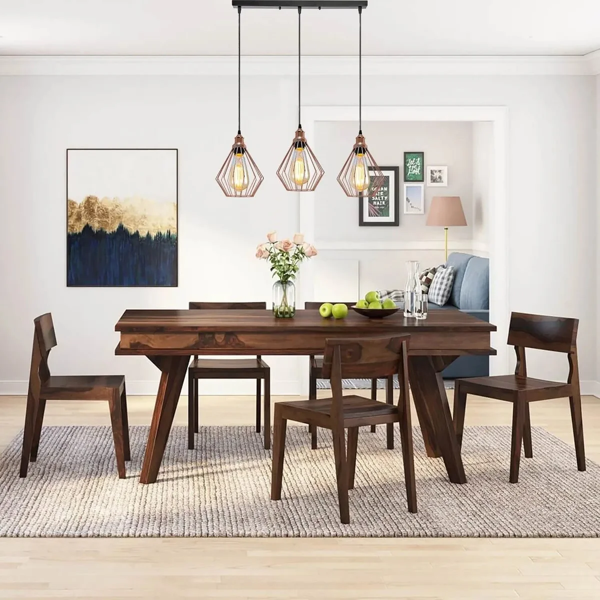 Rose gold and black metal 3‑light indoor pendant lighting with metal cages and PVC cable, hanging from a 95cm wire.