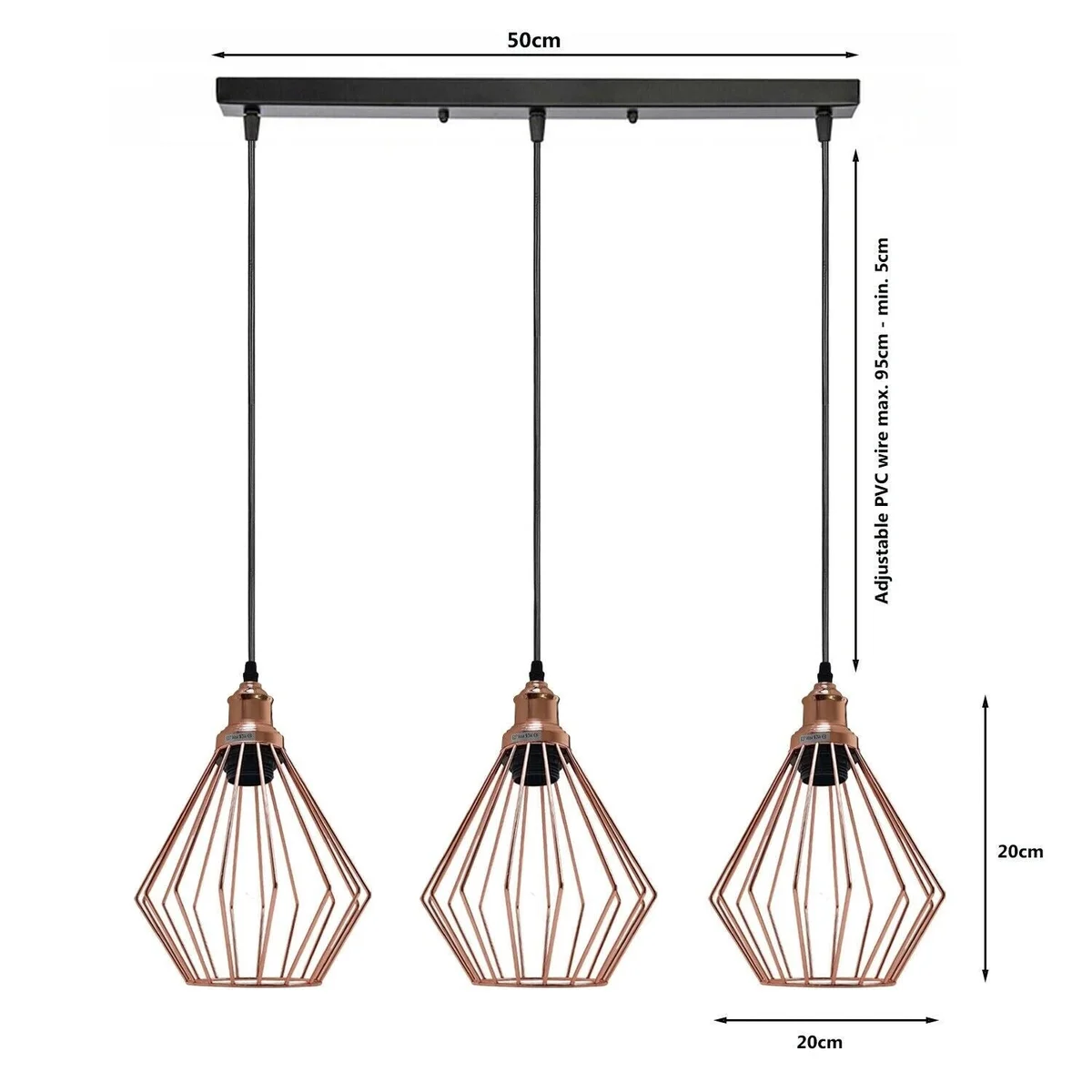 3 light pendant ceiling light featuring metal cages in rose gold and black, wired with PVC cable