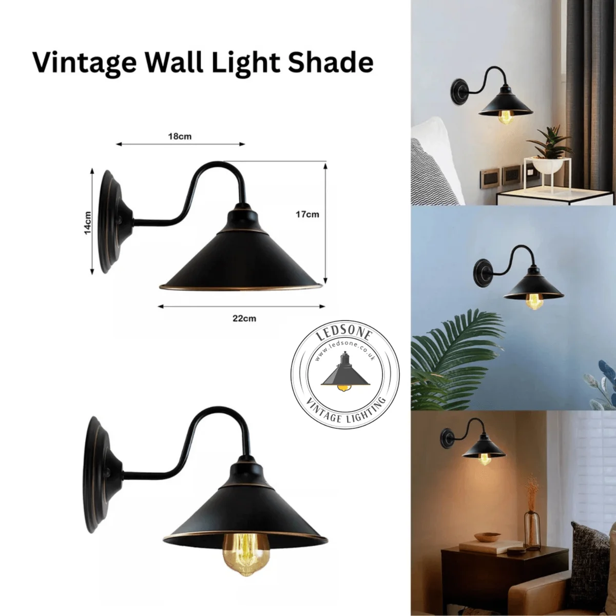 Black wall lamp with metal casing, round black canopy, E27 socket, sleek wall sconce design