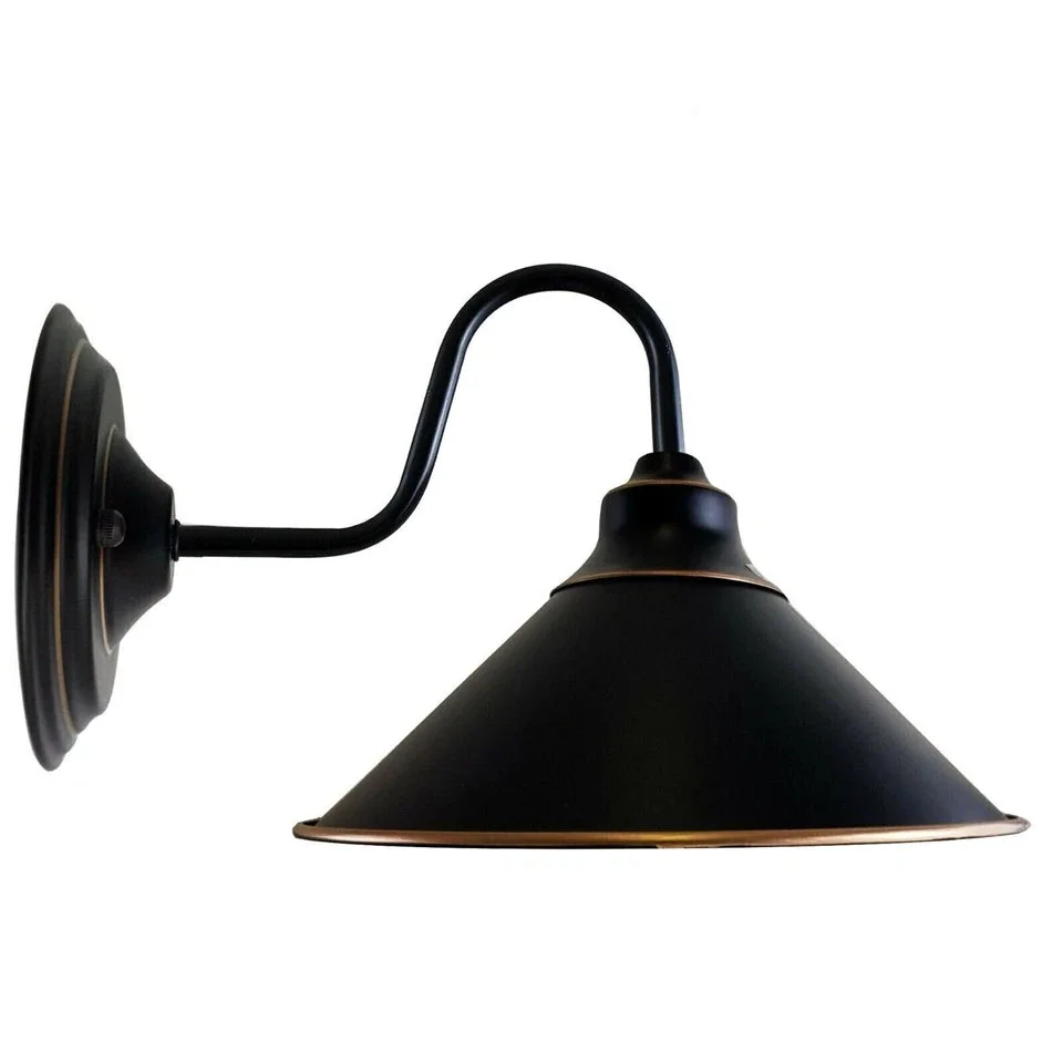 Black metal wall lamp with round canopy, E27 socket, wall mount, sleek style.