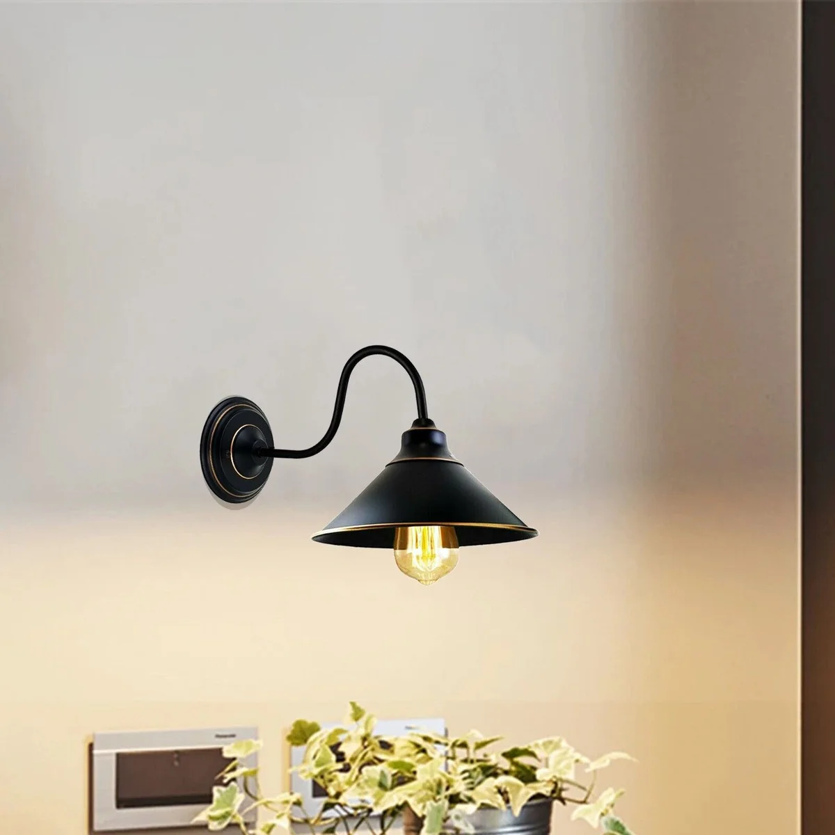 black wall lamp with metal round canopy, E27 holder, hanging from ceiling, metal base
