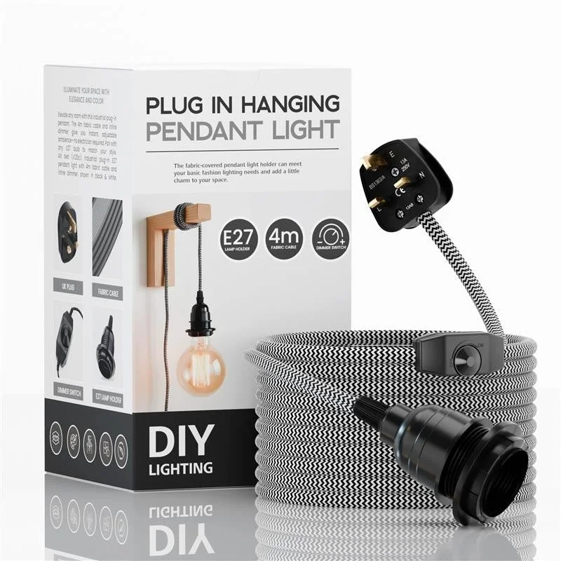 Vintage plug‑in pendant lamp with 4m fabric cable, bakelite holder, integrated dimmer switch, E27 fitting