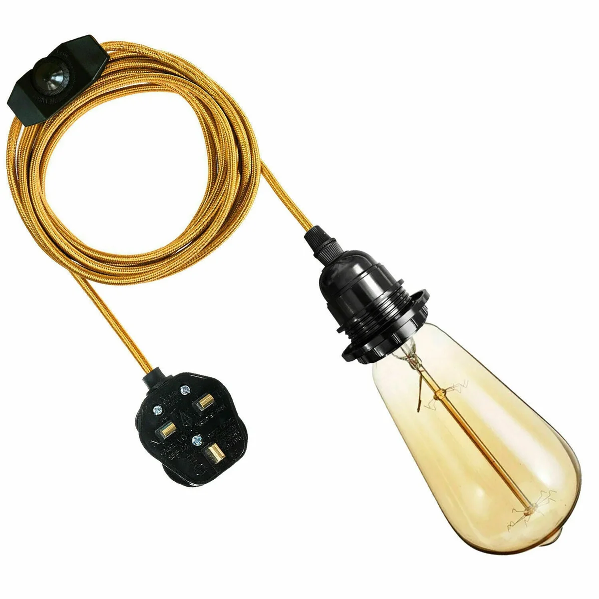Vintage plug‑in pendant light with gold braided fabric cable, black Bakelite holder, and Edison bulb hanging from wall.