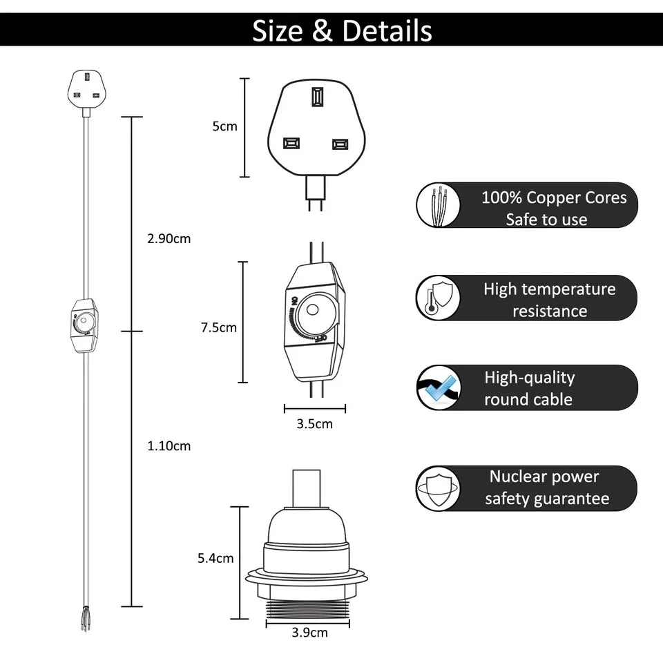 Retro industrial pendant light with gold braided cable, black Bakelite holder and inline dimmer switch, wired to a pendant.