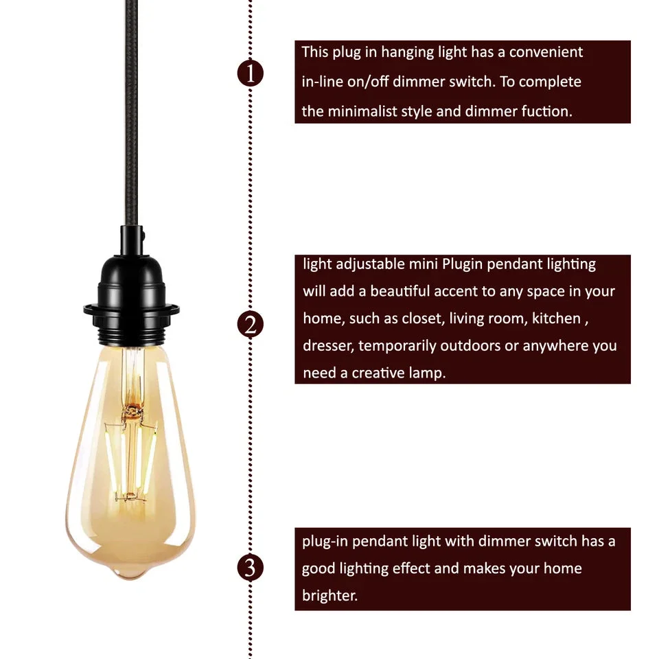 Vintage plug‑in pendant light with dimmer, gold braided cable, Bakelite holder, Edison bulb