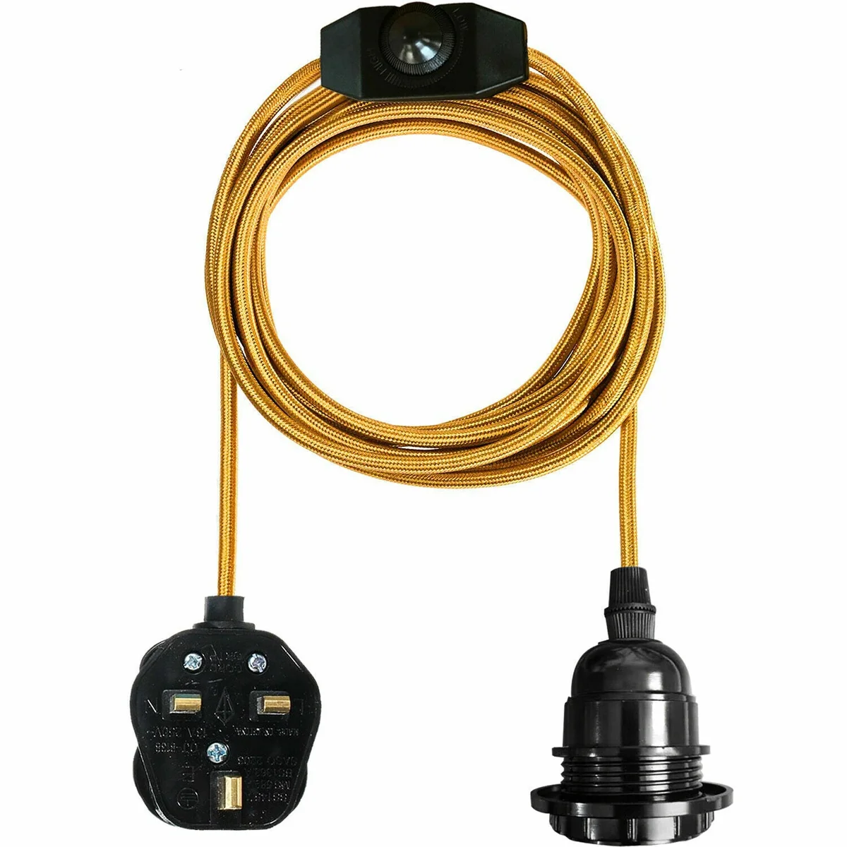 E27 pendant lamp UK with gold braided fabric cable, Bakelite holder, inline dimmer, classic Edison bulb
