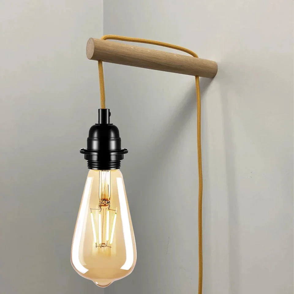 Vintage plug‑in pendant light with gold braided cable, black Bakelite holder, built‑in dimmer, Edison filament bulb, UK plug