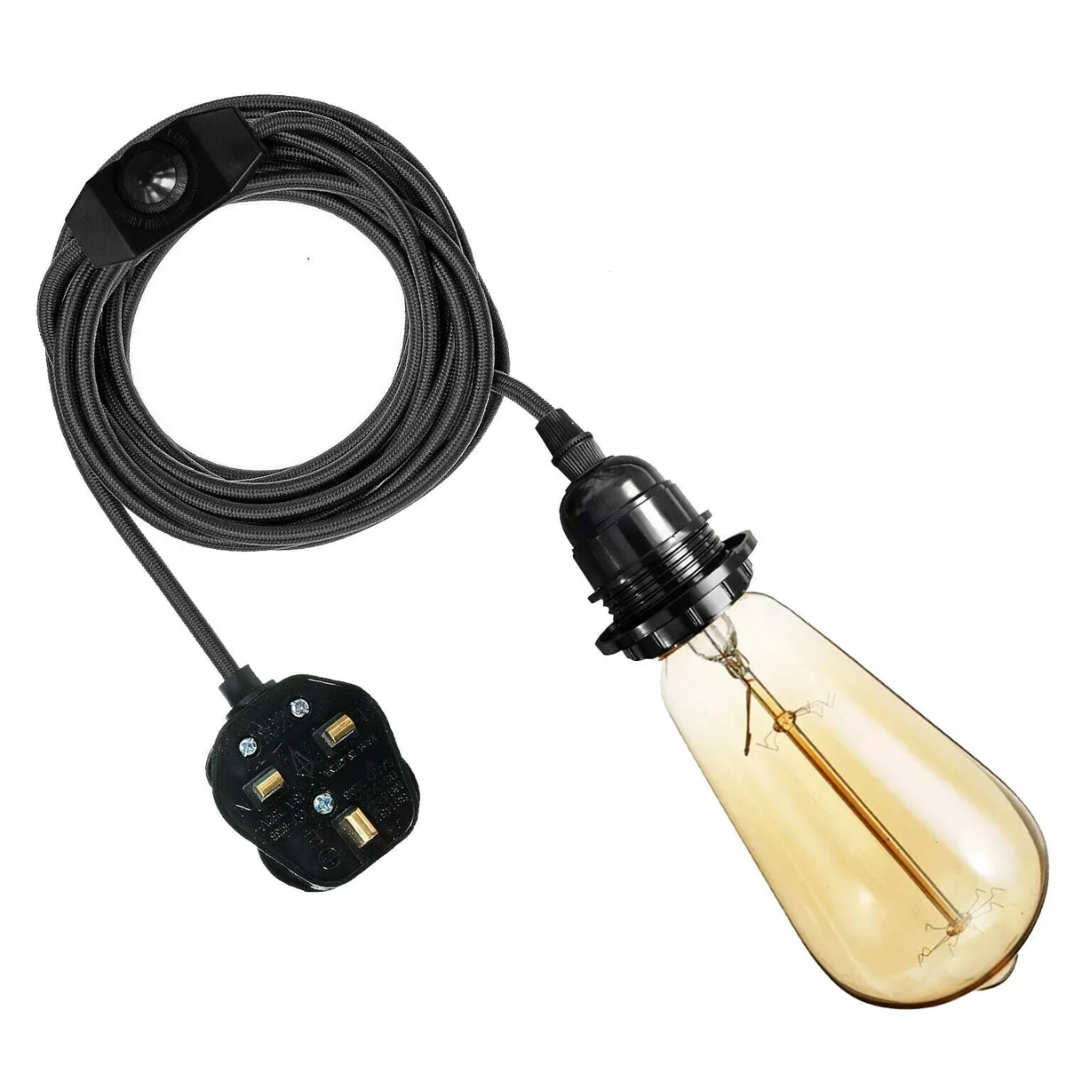 Plug in pendant light kit shows braided fabric cable, Bakelite lamp holder, dimmer switch, ready for wall socket
