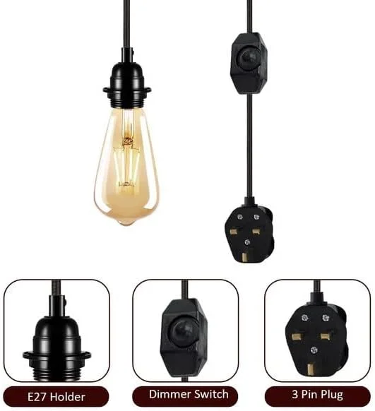 Industrial pendant light kit with braided fabric cable, Bakelite lamp holder, inline dimmer, and UK socket plug