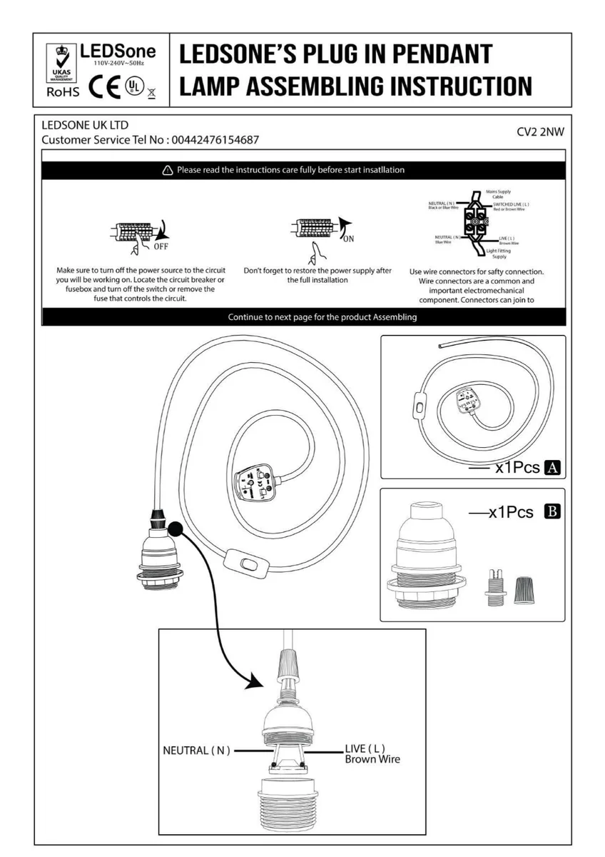 Plug in pendant light kit with 4‑metre braided fabric cable, Bakelite holder, and inline dimmer