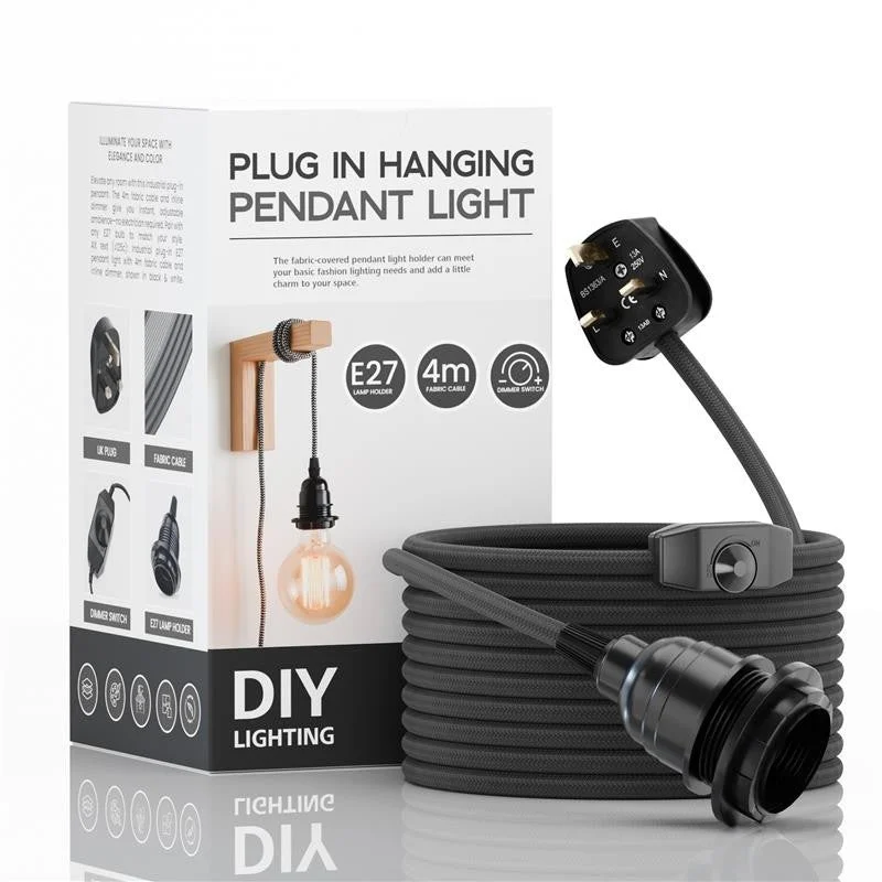 Plug in pendant light with braided fabric cable, Bakelite holder and inline dimmer, ready to hang over dining table.