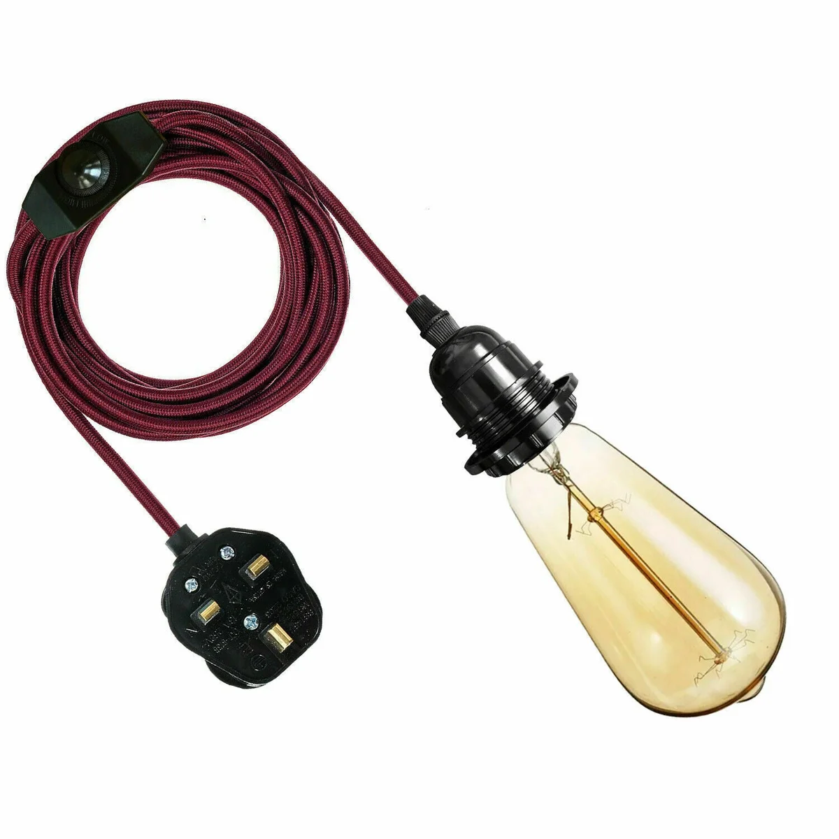 4‑metre burgundy pendant light kit with braided cable, E27 lamp holder and inline dimmer, ready for plug‑in use