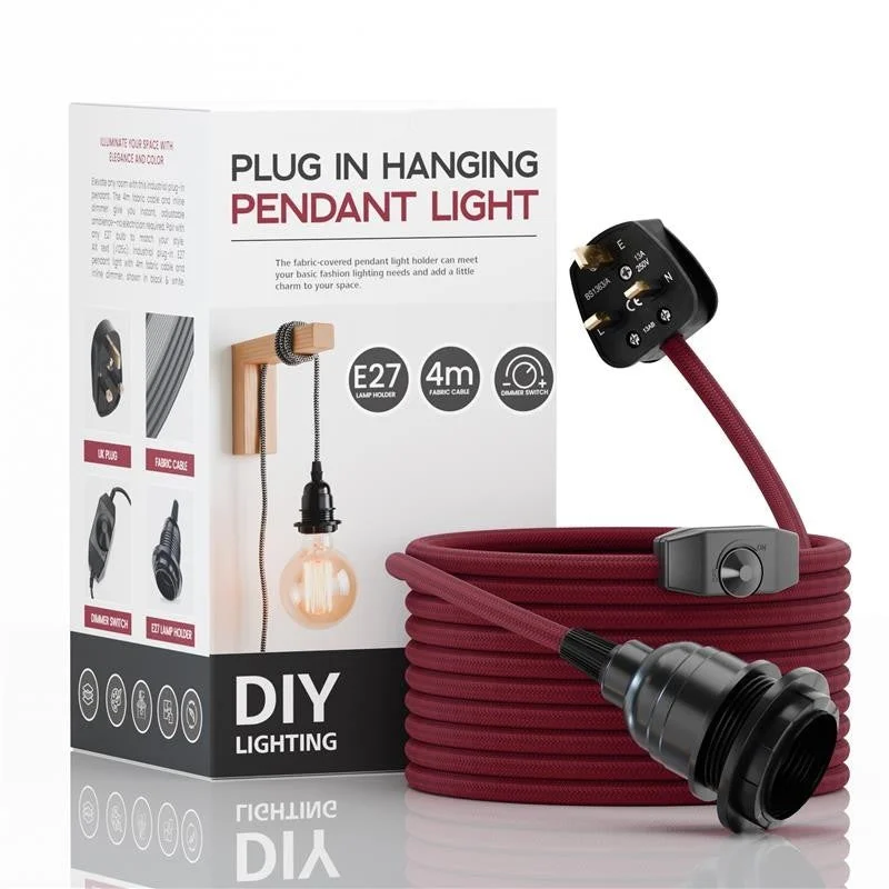 Plug-in pendant light kit with 4m deep burgundy braided cable, Bakelite holder, inline dimmer and LED bulb, ready to use