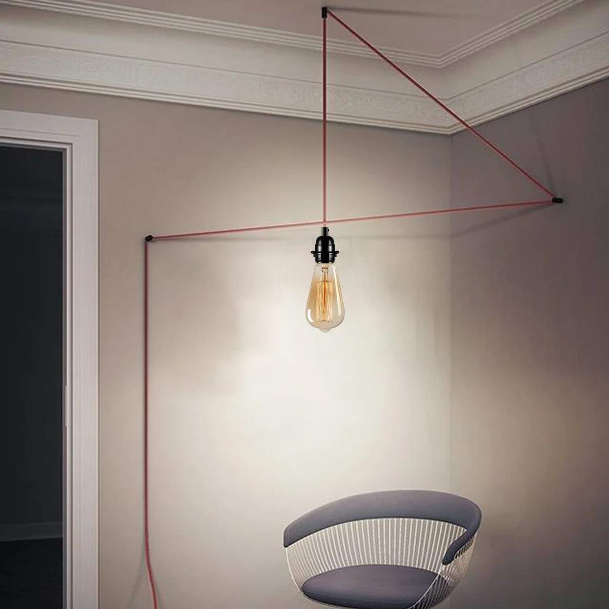 4‑metre burgundy braided cable plug‑in set with bakelite holder, E27 lamp and built‑in dimmer – E27 pendant light kit