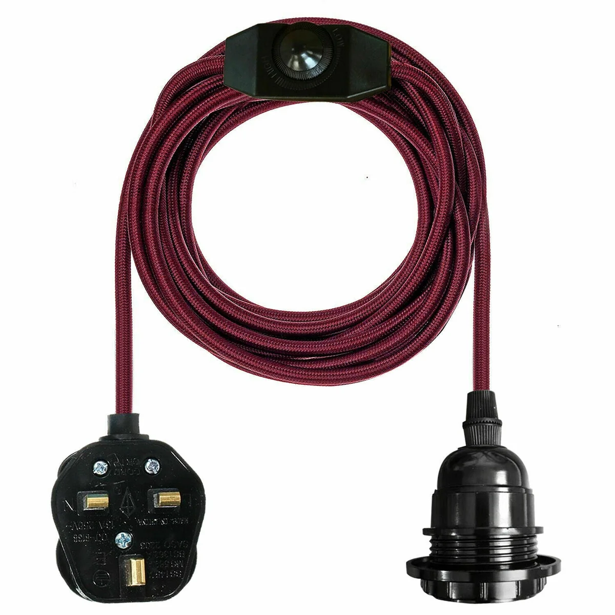 Burgundy 4m braided fabric cable light kit with cabling, UK plug, dimmer switch, E27 holder and LED bulb