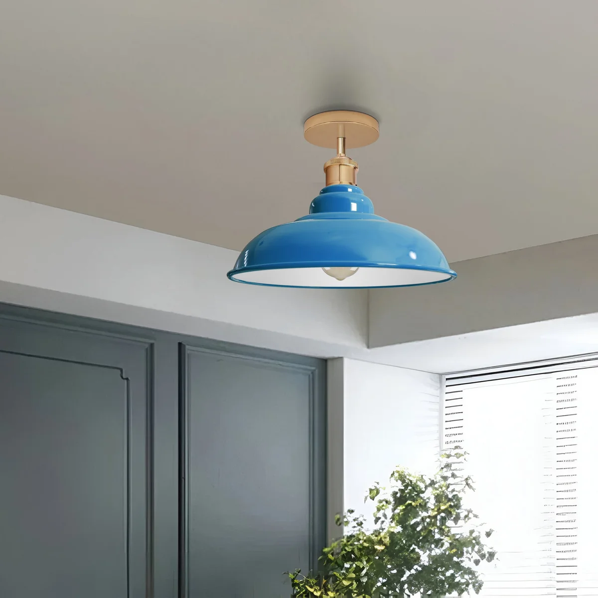 metal flush mount cyan blue ceiling light with glossy shade and E27 base