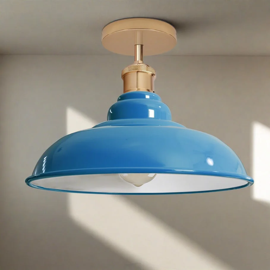 Industrial vintage ceiling light with cyan blue glossy metal shade, E27 base, flush‑mounted in a contemporary room.
