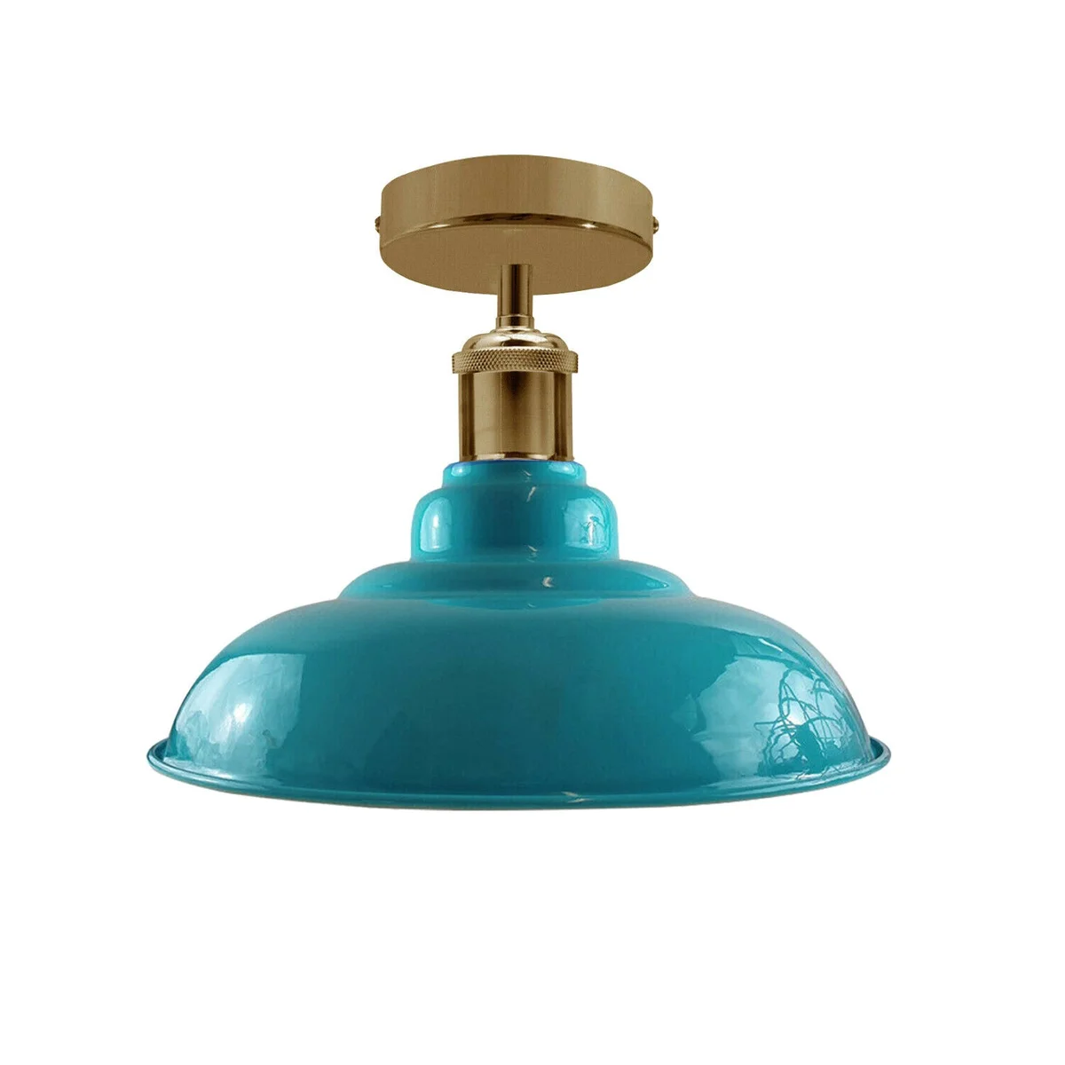 Flush‑mounted cyan blue E27 bulb ceiling lamp with glossy metal base and retro industrial design.
