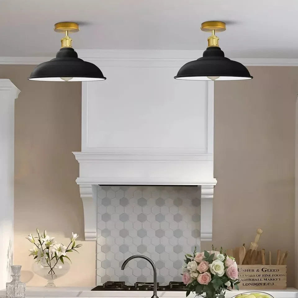 E27 ceiling light with matte black metal dome, industrial pendant featuring 10cm circular base and dome shade.