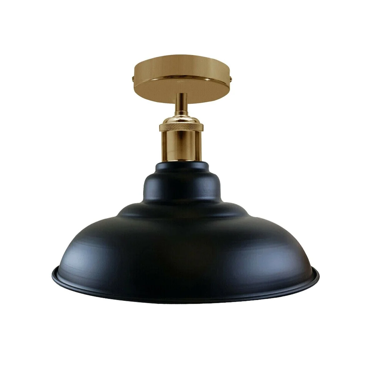 Matte black metal industrial pendant light with dome shape hanging from a ceiling.
