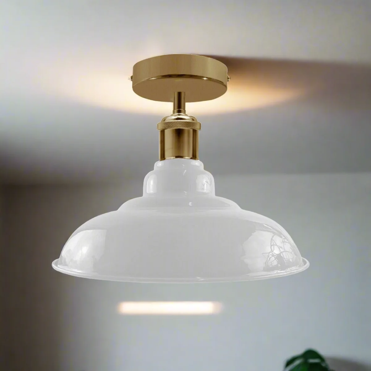 White industrial ceiling light with flush mount glossy metal shade, E27 base, retro vintage style.