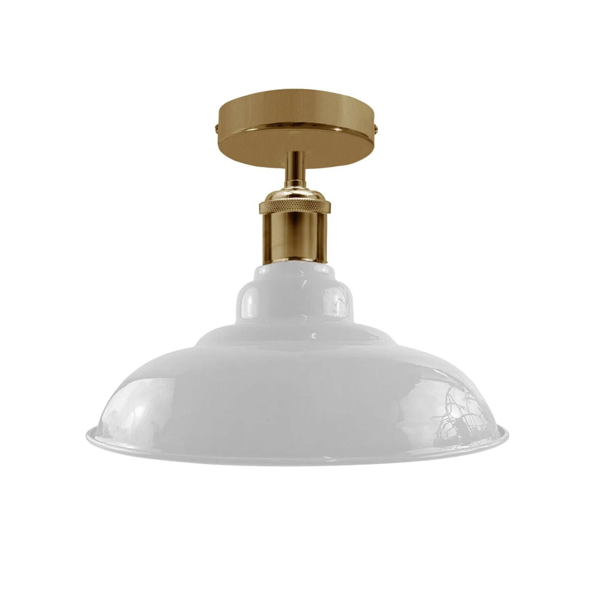 White metal industrial vintage ceiling lamp with flush‑mounted glossy shade and E27 base, seen from above.