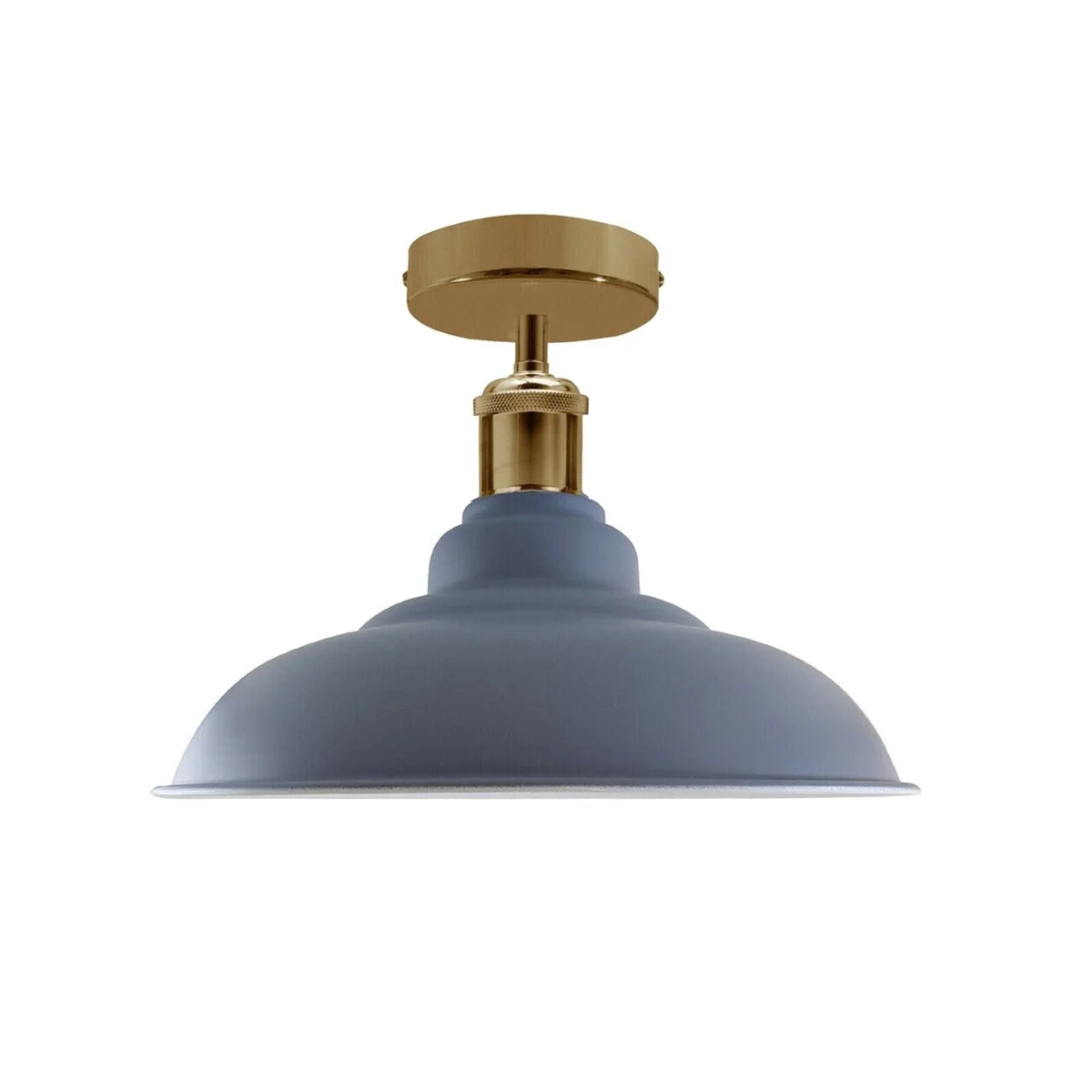 Grey metal ceiling light with E27 base and minimalist shade, mounted for semi‑flush use