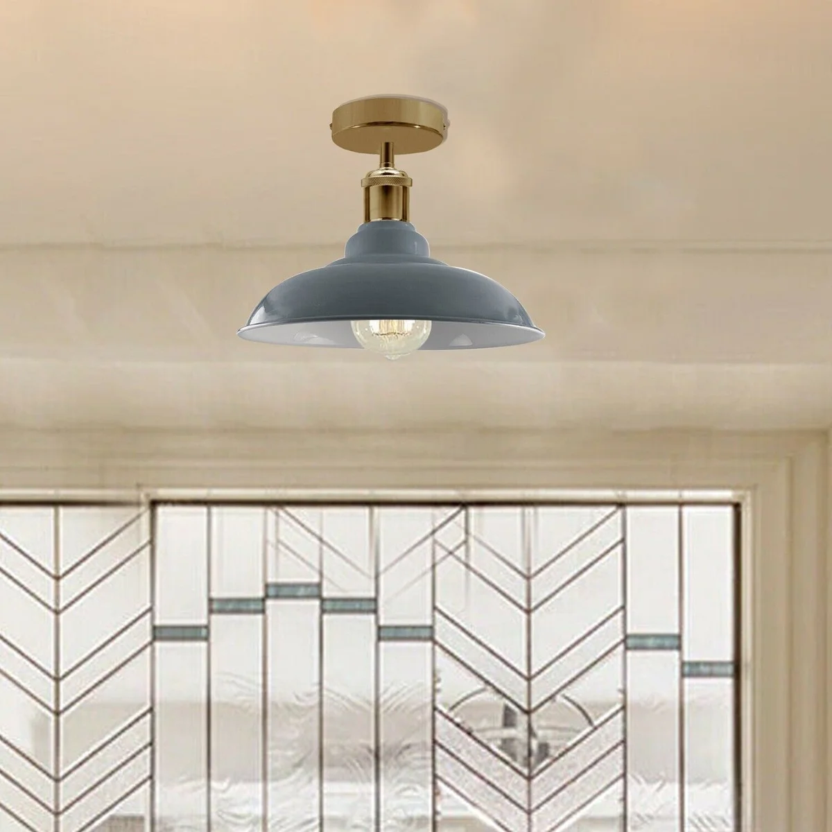 Metal ceiling light grey fixture with semi flush mount design, short metal shade, ready for hanging