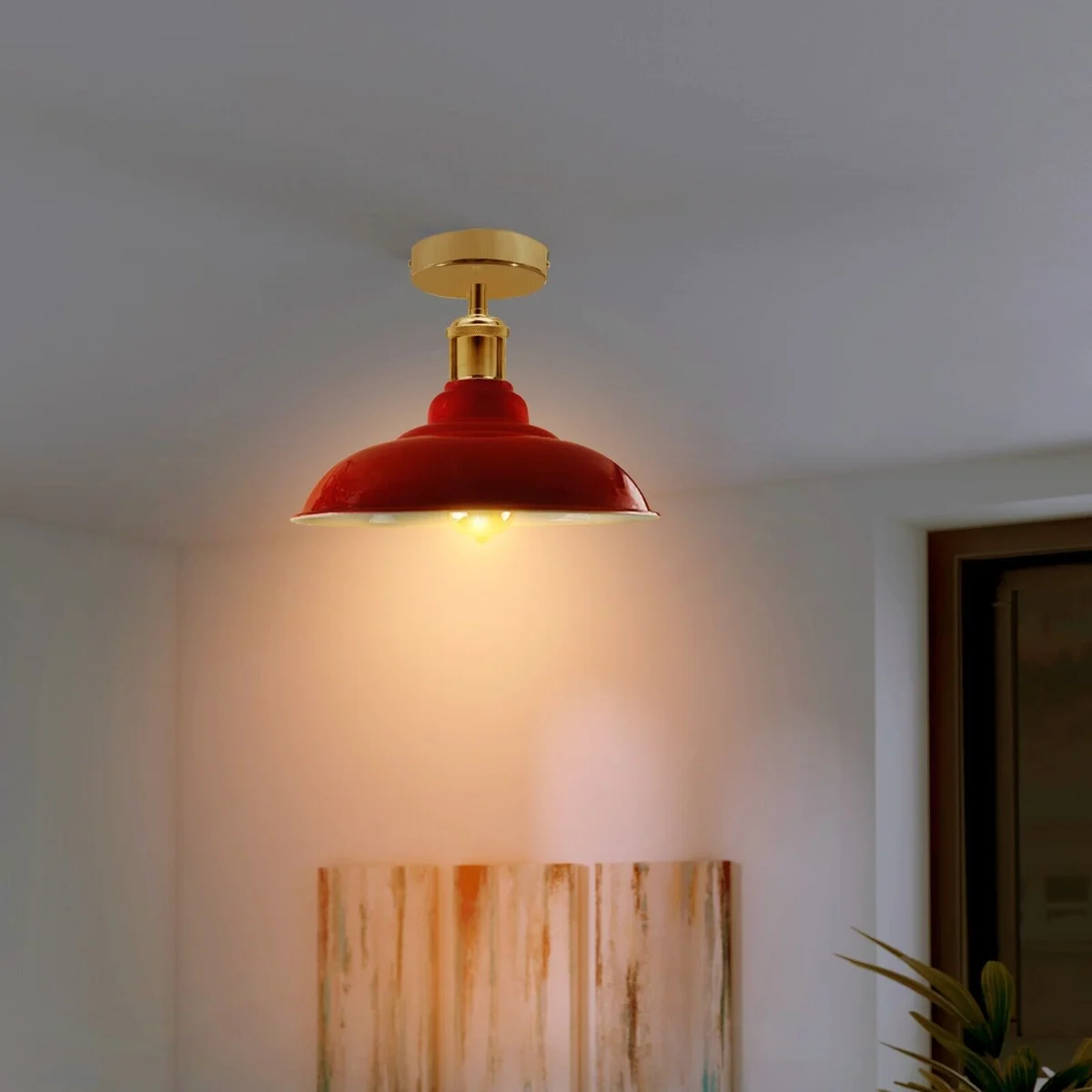 Industrial ceiling light with glossy red dome metal shade, flush mount and E27 base.