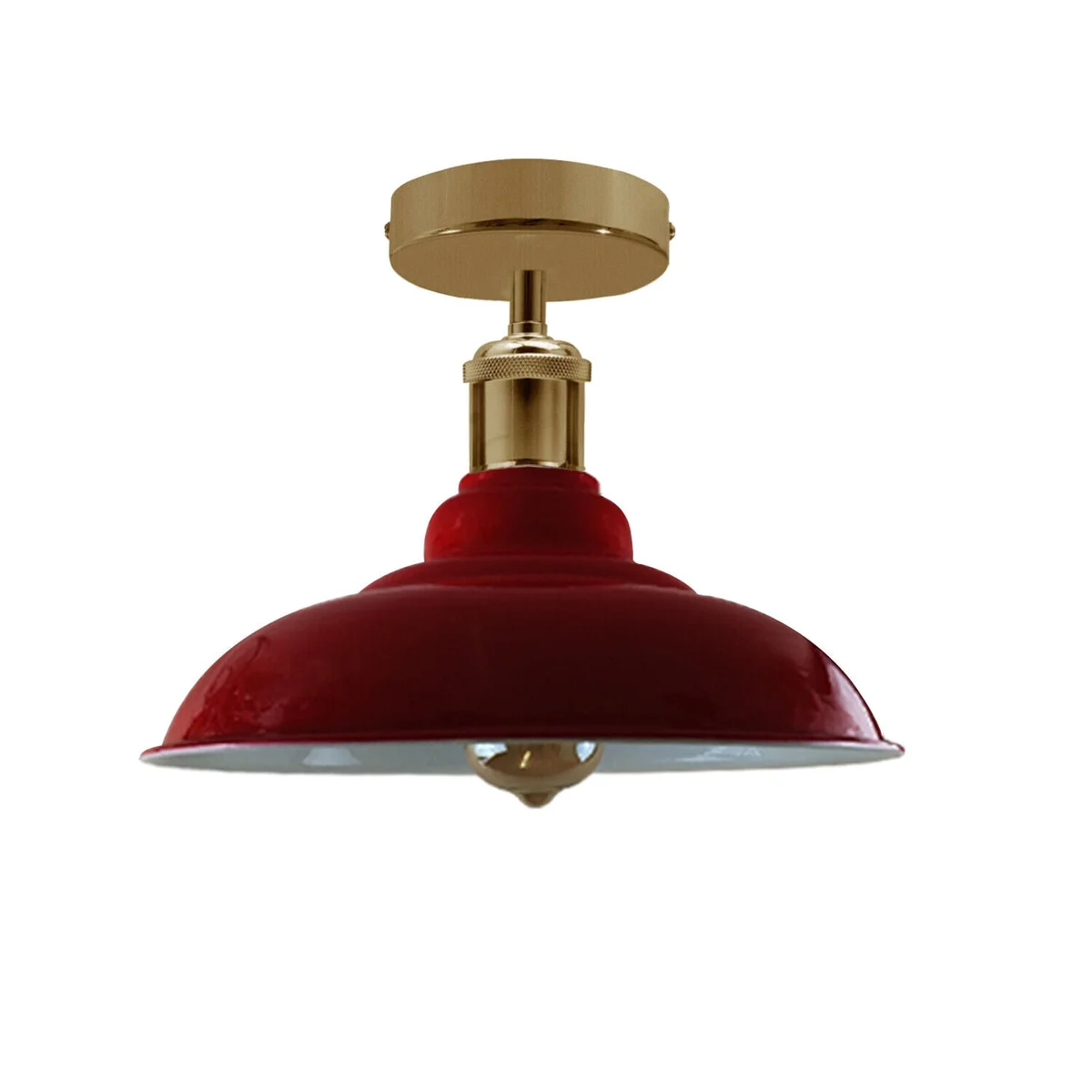 Vintage flush mount light with glossy red dome-shaped metal shade on a flush ceiling fixture.