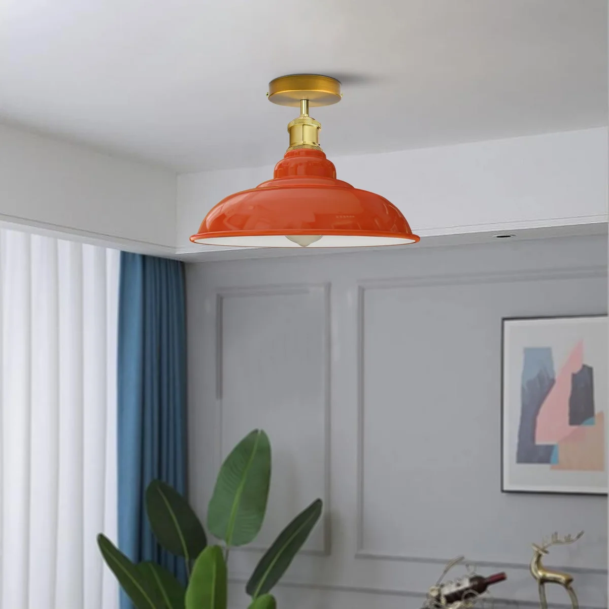 Orange metal ceiling light with glossy flush mount shade, E27 lamp base, 10cm x 2cm metal plate, industrial vintage style